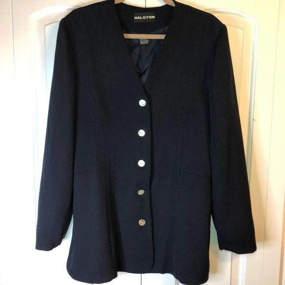 HALSTON Womens Navy Mother of Pearl Button Down Blazer Size 10 - Picture 3 of 10